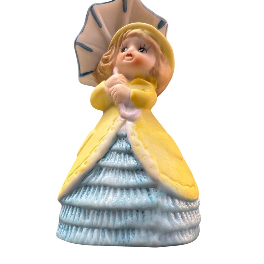 Vintage Ceramic Girl in Yellow Raincoat Umbrella Figural Dinner Bell 4.25 Inch